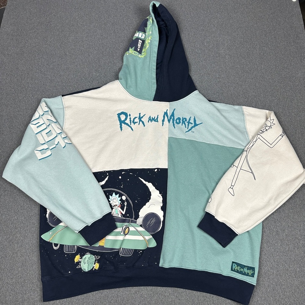 Rick and Morty Colorblock Pullover Hoodie 3XL Spaceship Graphic Navy Mint Green